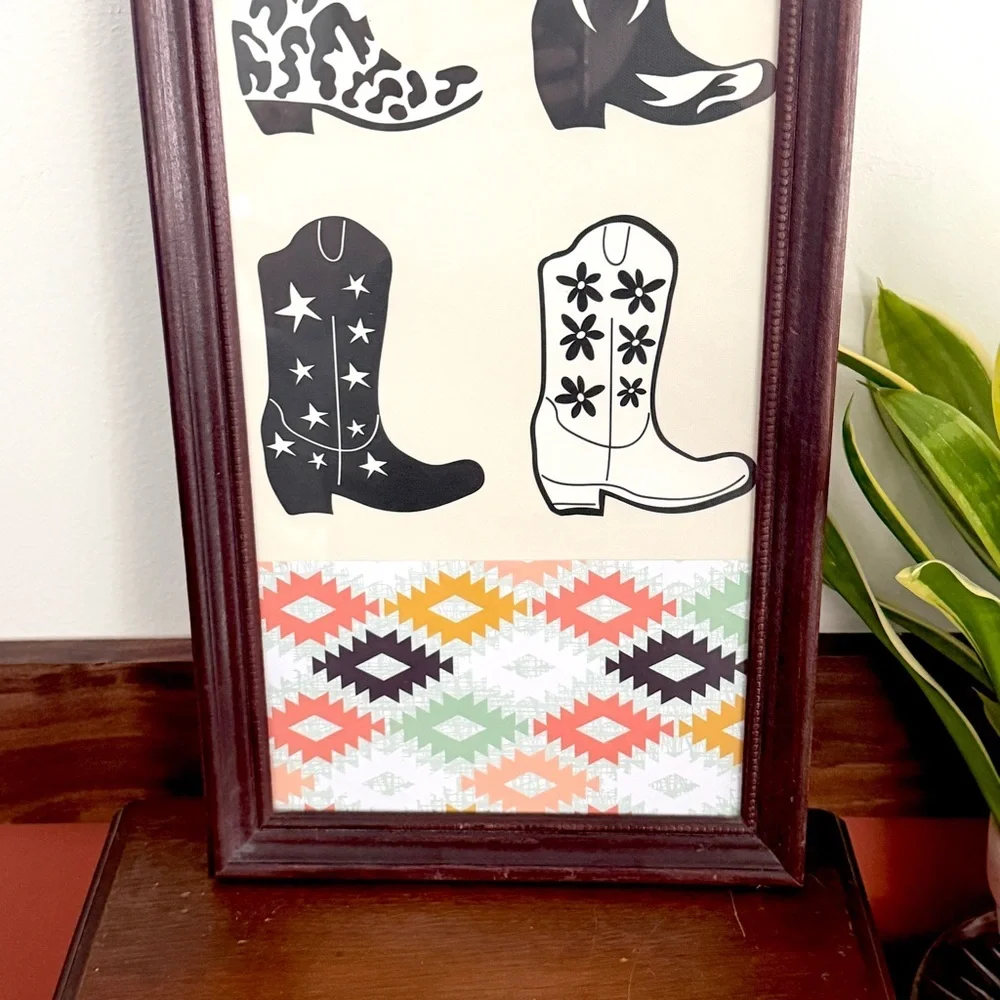 Cowboy Boots Star Cow Print Cowgirl Boots Canvas Print Aztec Southwestern Framed